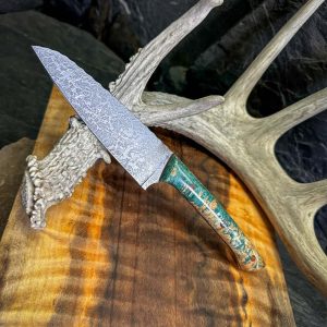 Mini Santoku Knife, Nitro V steel Santoku, custom kitchen knife, handmade Santoku knife, box elder burl knife, 5 inch Santoku knife, USA handmade knife, chef knife, compact kitchen knife, Farzam Trading