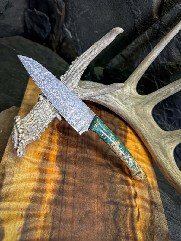 Mini Santoku Knife, Nitro V steel Santoku, custom kitchen knife, handmade Santoku knife, box elder burl knife, 5 inch Santoku knife, USA handmade knife, chef knife, compact kitchen knife, Farzam Trading